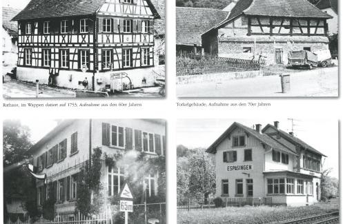 Espasingen - r.o. Rathaus 60er Jahre l. Torkelgebäude 70er Jahre r.u. Schulhaus 1934 r