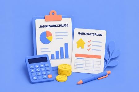 Eine Grafik zeig einen Taschenrechner und Münzen