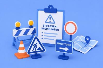Eine Grafik zeigt ein Baustellenschild mit einer Absperrung