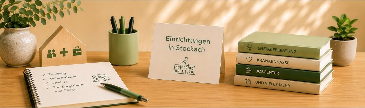 Ein Schild steht auf dem Tisch: "Einrichtungen in Stockach"