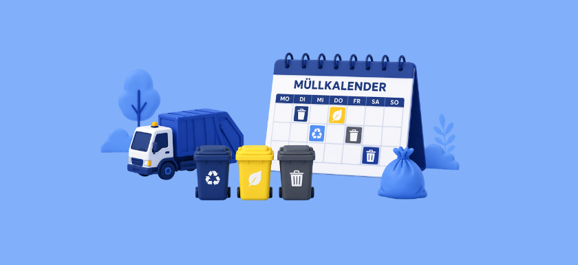 Ein Kalender mit einem Mülleimer-Icon steht auf dem Tisch
